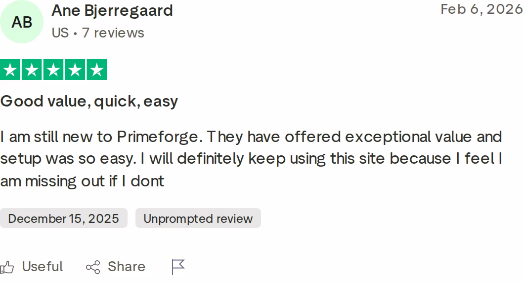 Five-star Primeforge Trustpilot review describing good value and a quick, easy experience