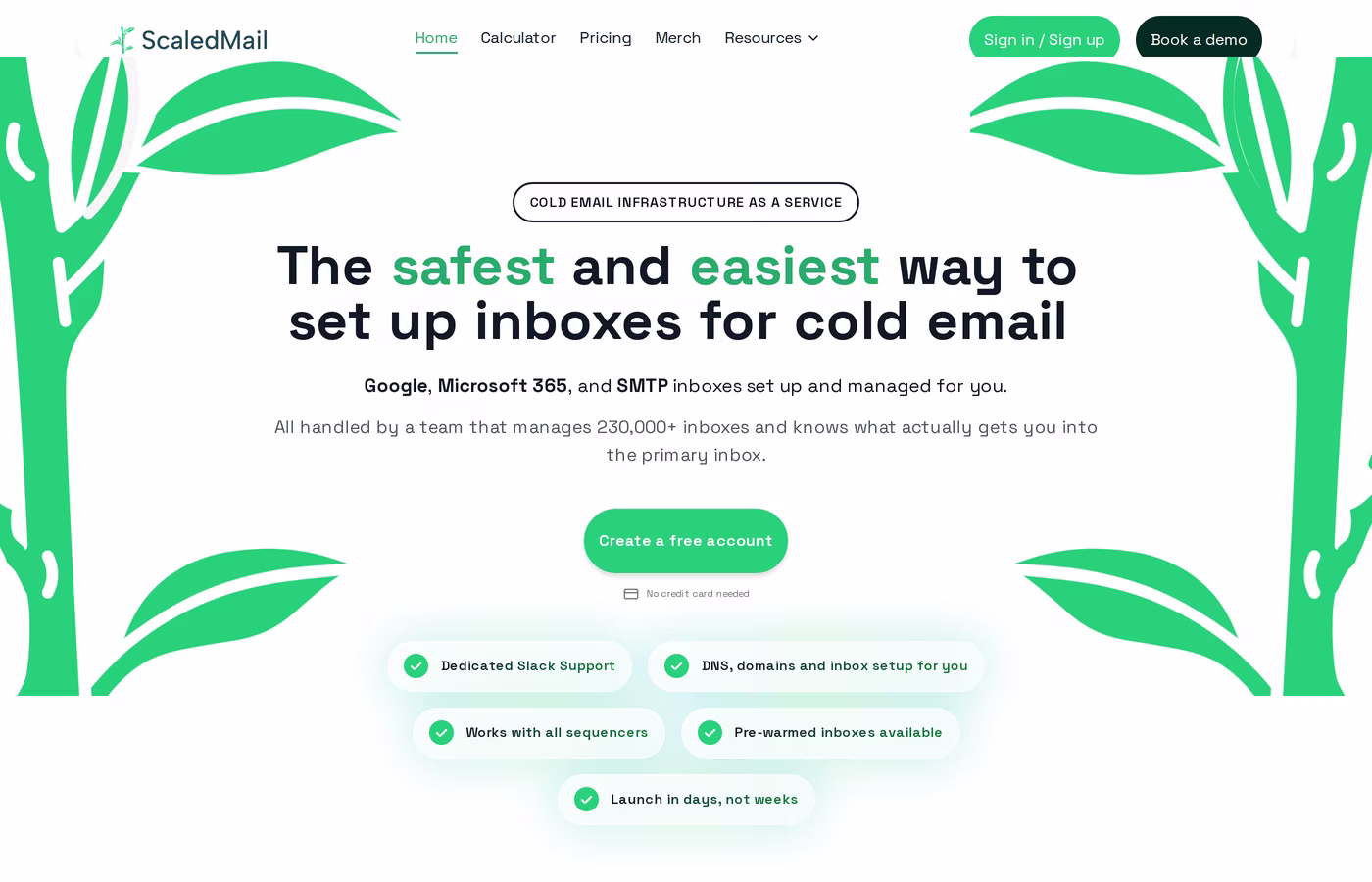 ScaledMail homepage describing managed cold email inbox setup across Google, Microsoft 365 and SMTP