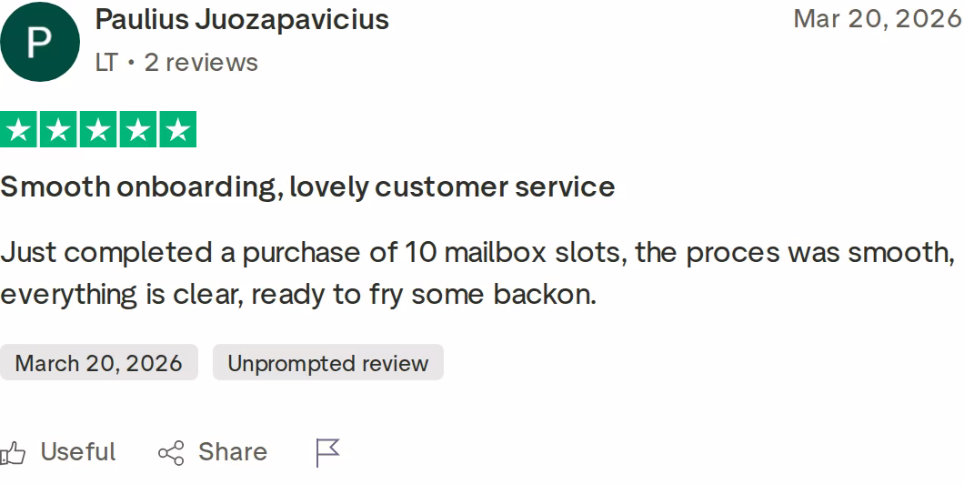 Five-star Primeforge Trustpilot review praising smooth onboarding and customer service
