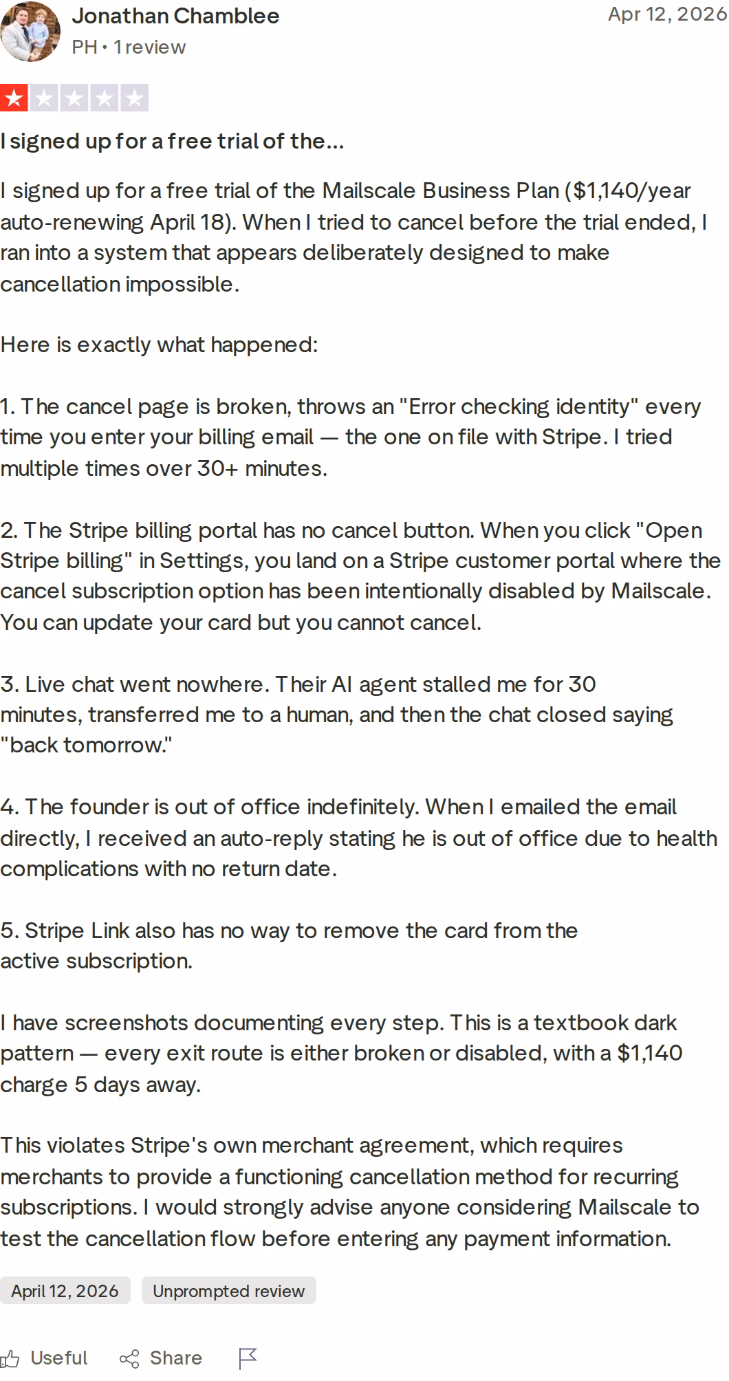 One-star MailScale Trustpilot review describing a difficult cancellation and billing experience
