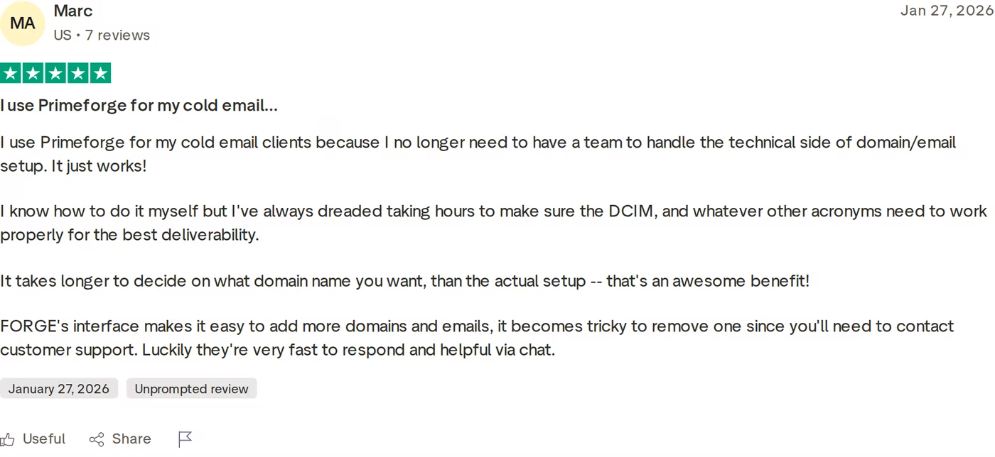 A five-star Primeforge Trustpilot review describing hands-off domain and email setup that just works