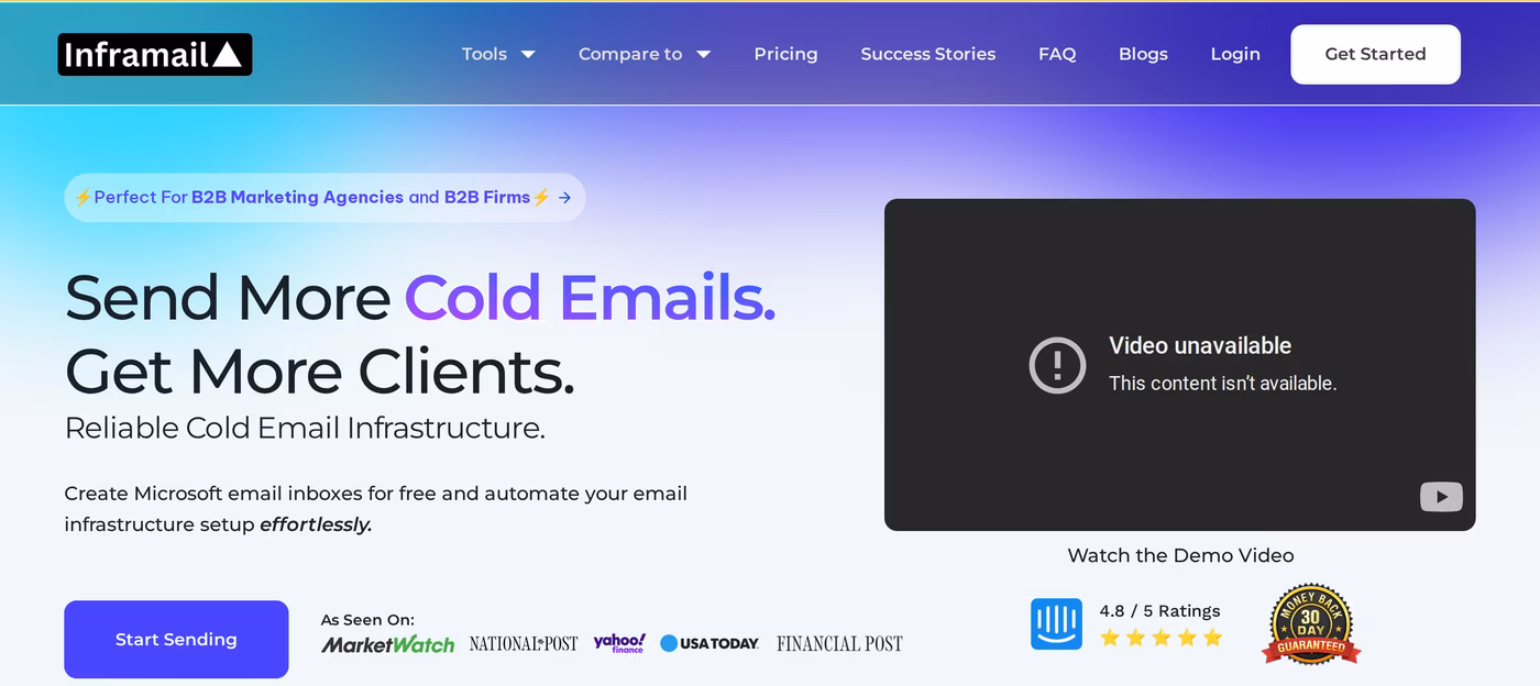 Inframail homepage hero reading Send More Cold Emails. Get More Clients.