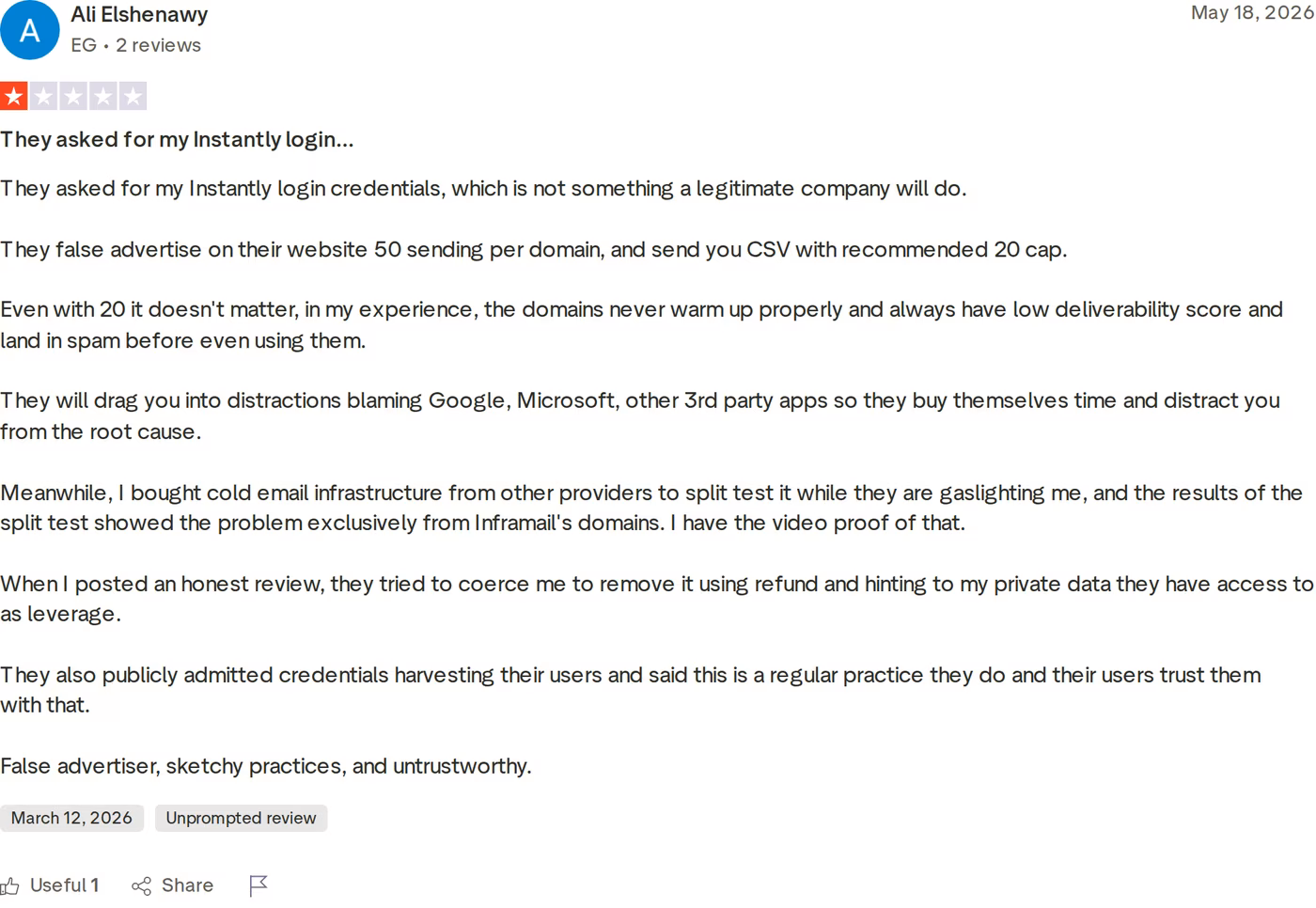 A critical one-star Trustpilot review of Inframail raising deliverability and onboarding concerns