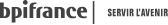 BPI France company logo. Horizontal writing of the name bpifrance with vertical bar and the text ‘SERVIR L'AVENIR’. Black & White version