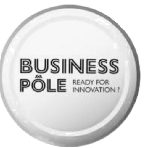 Round Business Pôle company logo with the text ‘Business pôle ready for innovation’ in the middle of the circle. The circle has a red, blue and yellow gradient border. Black & White version
