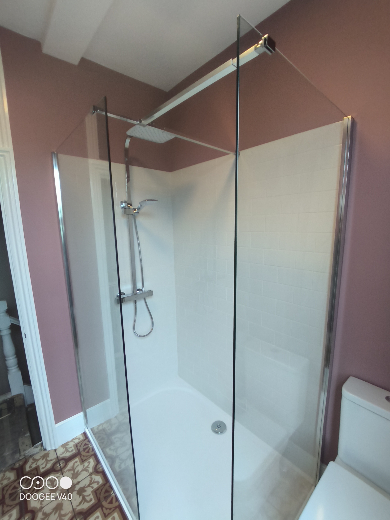 Finished bathroom renovation with walk-in shower in East Finchley by Wittick Building