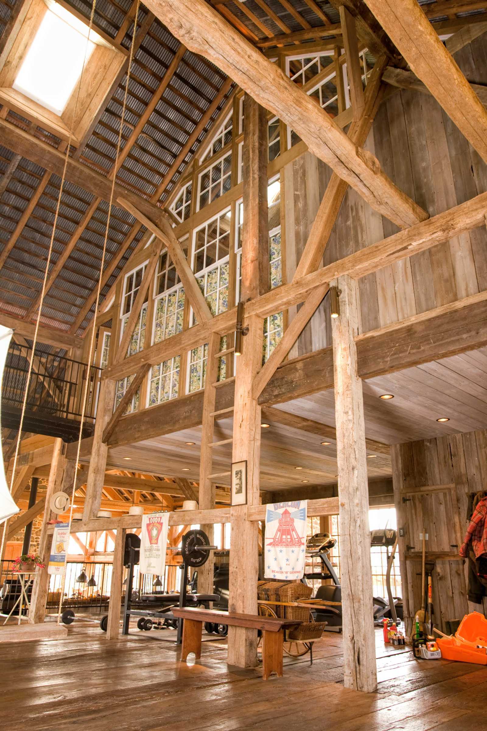 Restored timber frame in original barn.