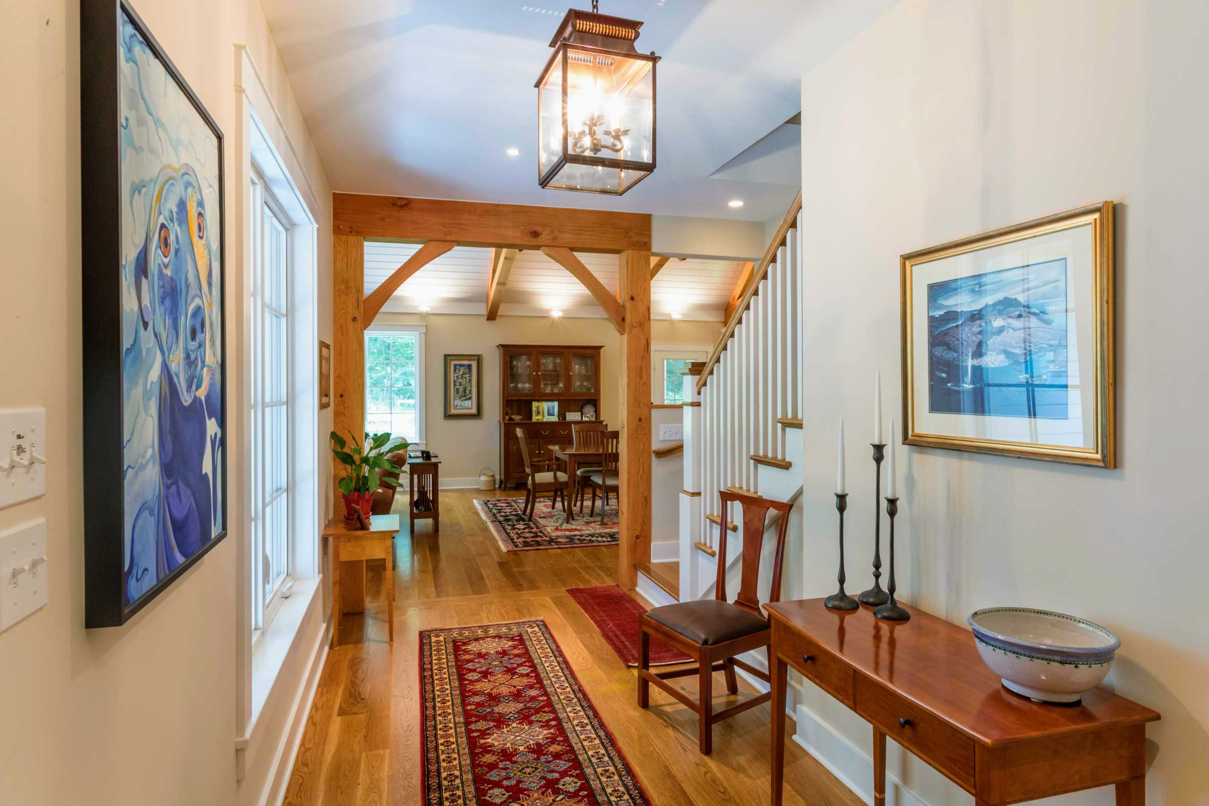 Entry way with timber frame arch.
