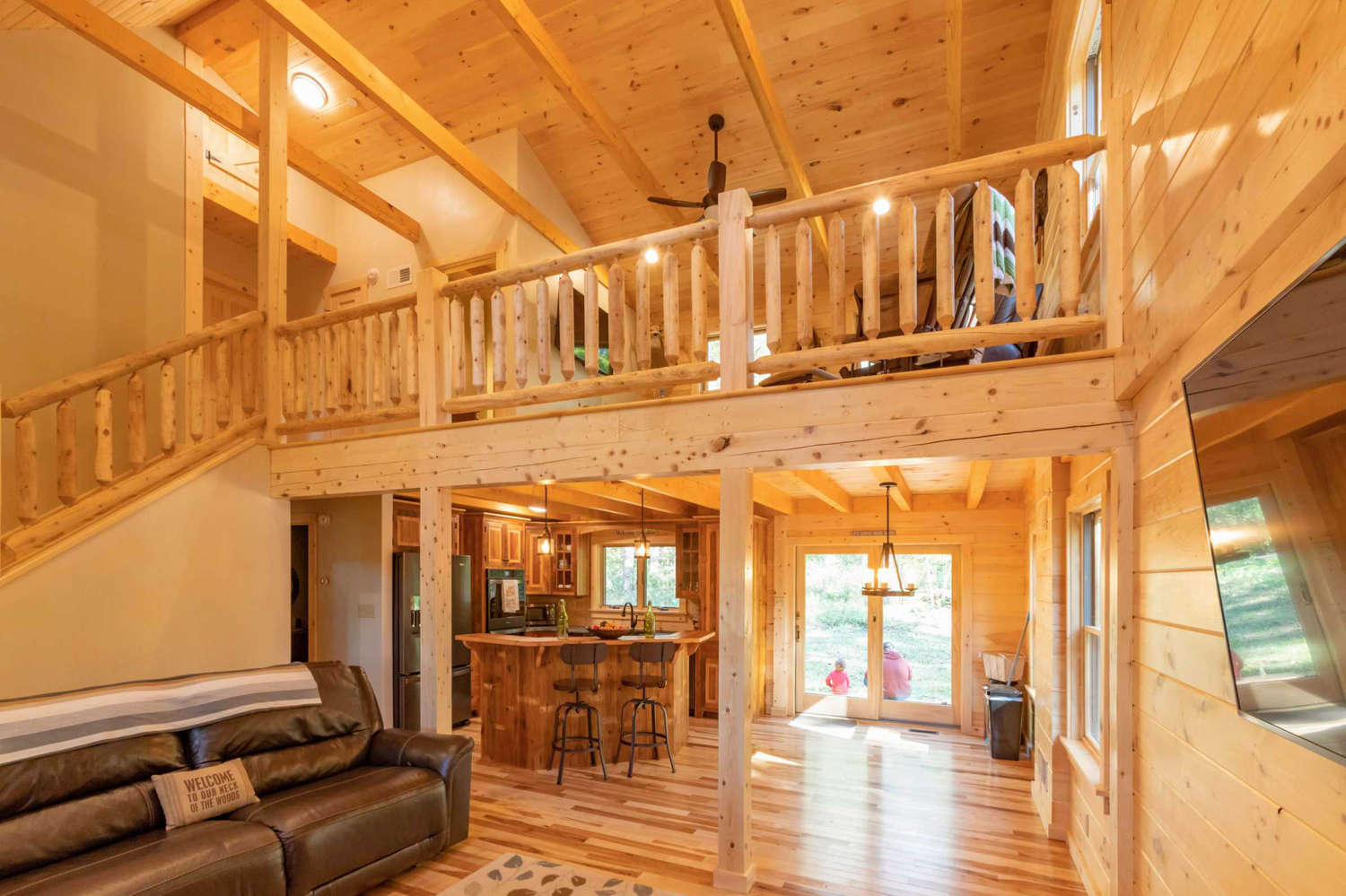 Inside the living room of a custom log home.