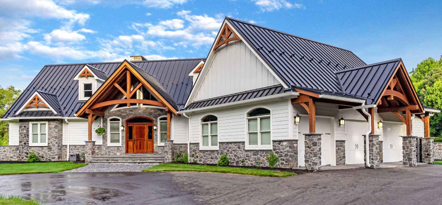 Timber frame home with garage.