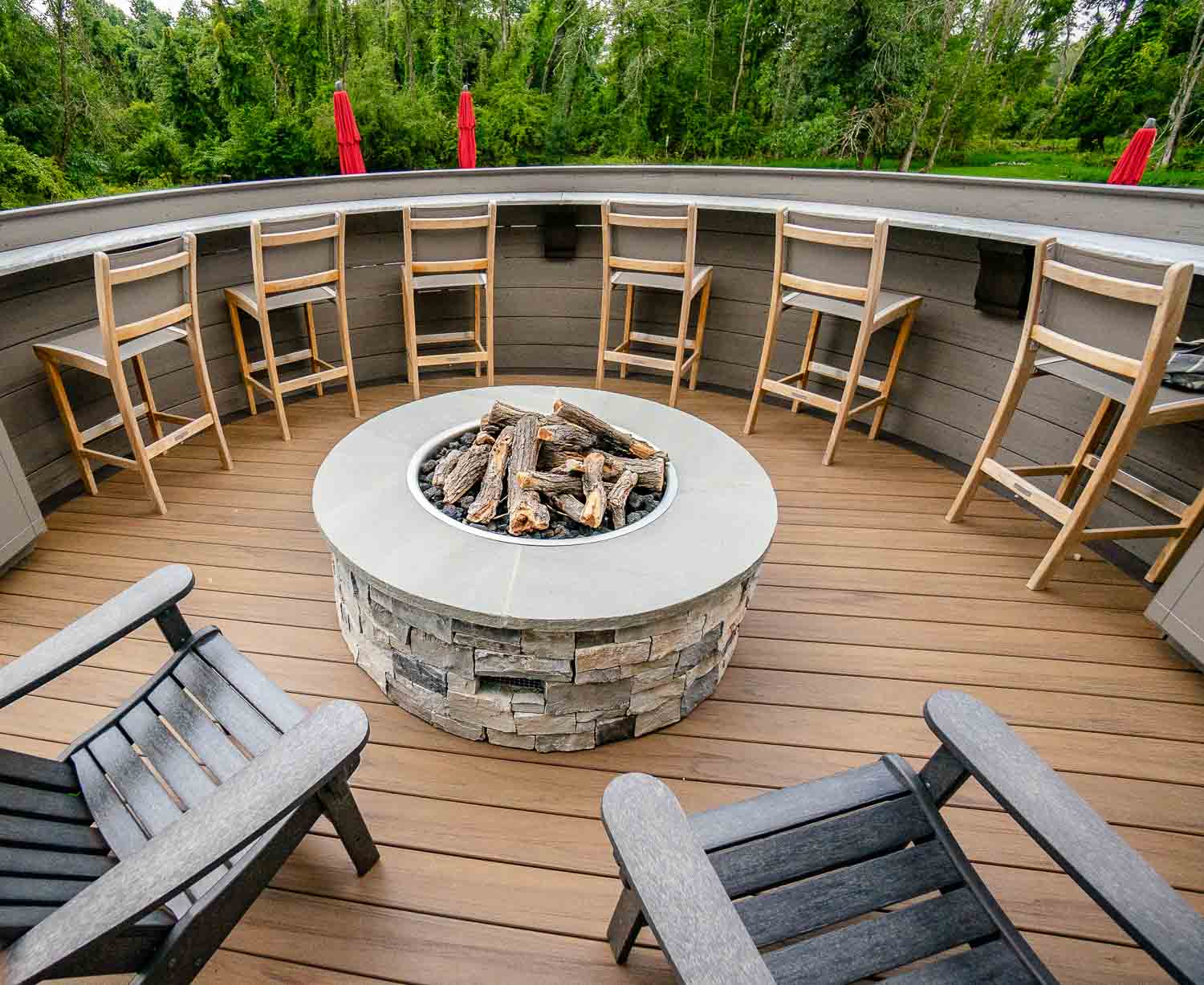 Semi-Circle Bar top on custom deck with open firepit