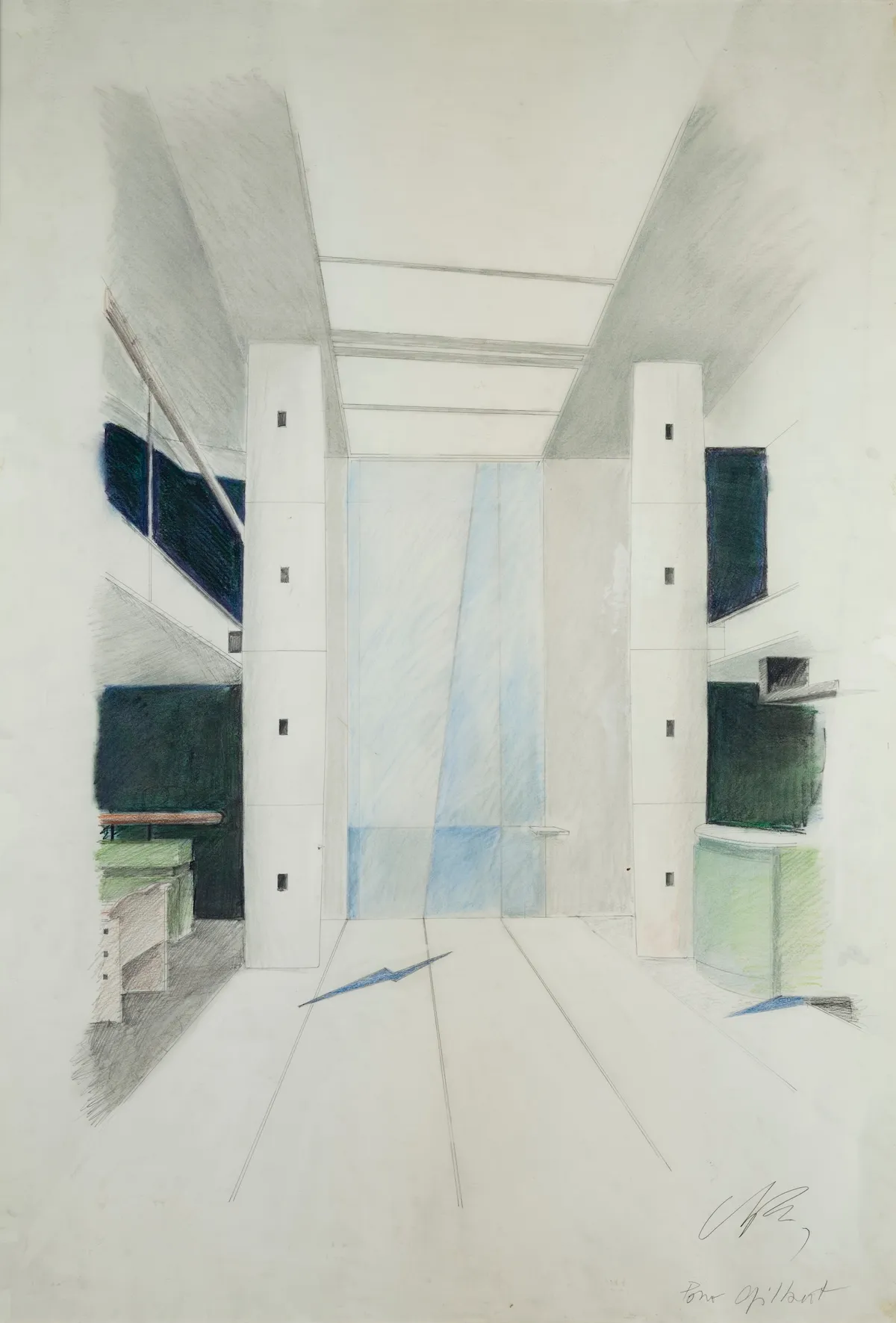 Croquis architectural d'un intérieur moderne avec deux colonnes blanches, murs sombres, et grandes baies vitrées laissant passer la lumière.