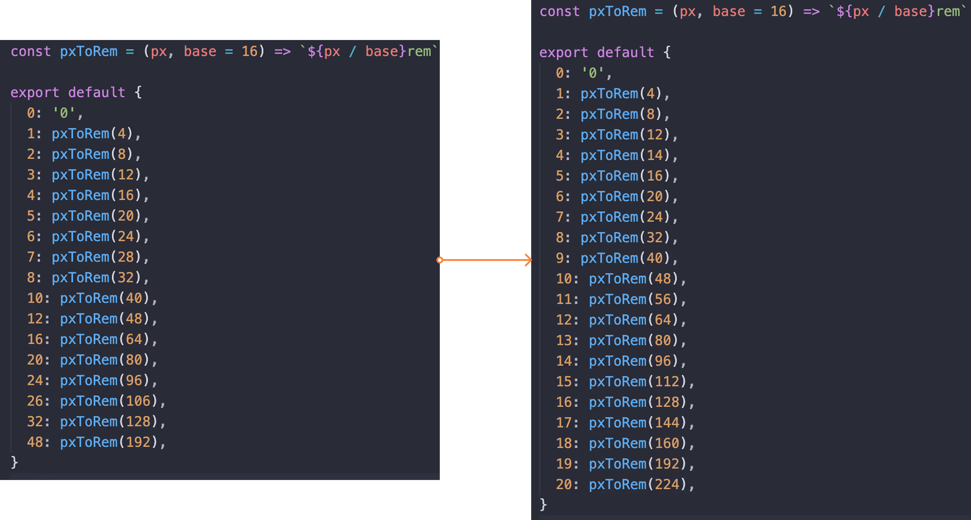 A before and after shot of the tidied up sizing/ spacing scale in the codebase.