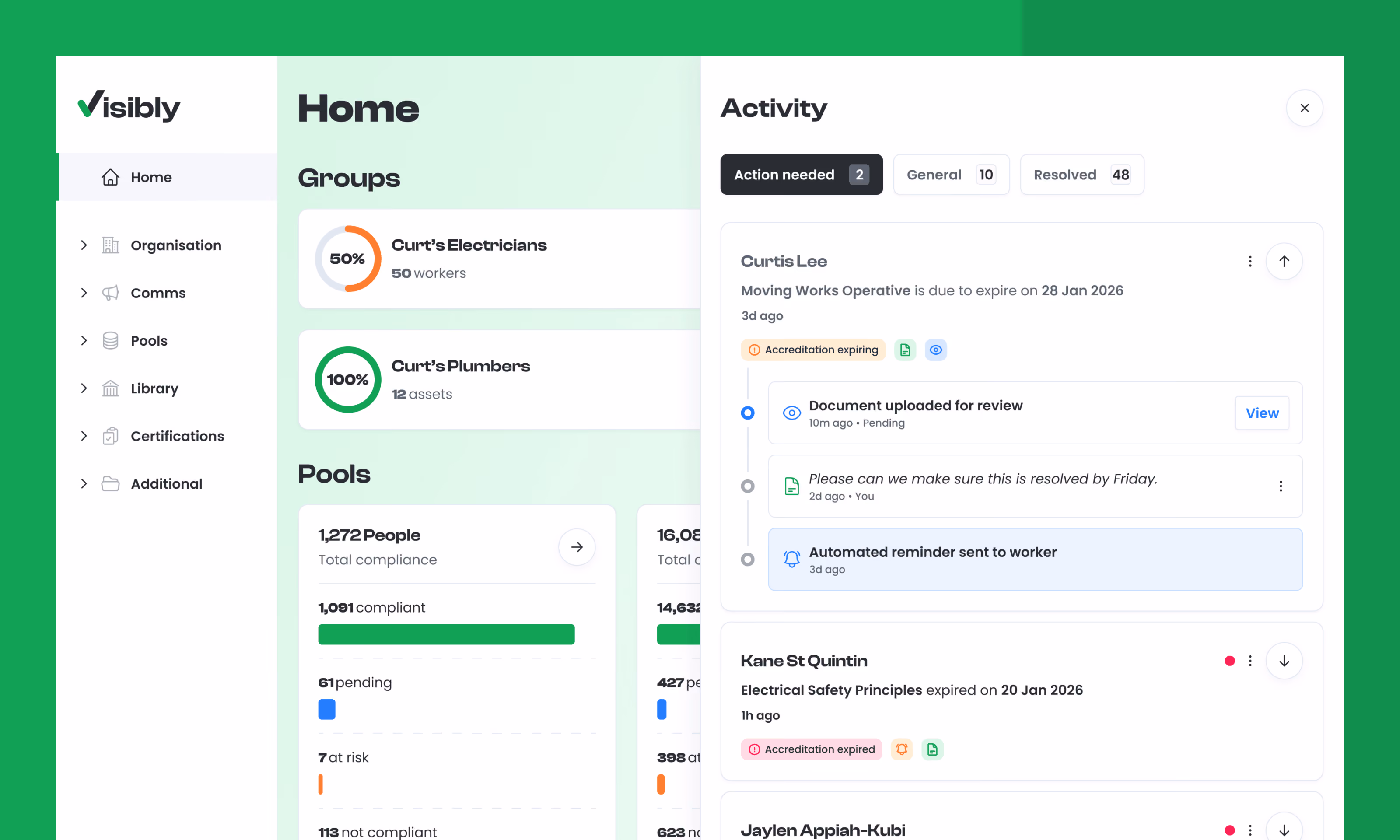 A shot of the Visibly web app with a side panel showing the latest activity and history.