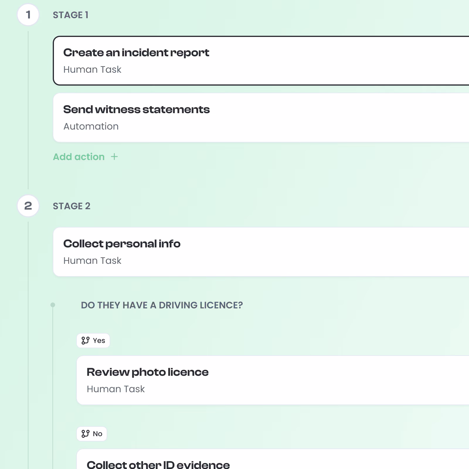 A close-up shot of the workflow stage builder along with an example of branched/ conditional steps.