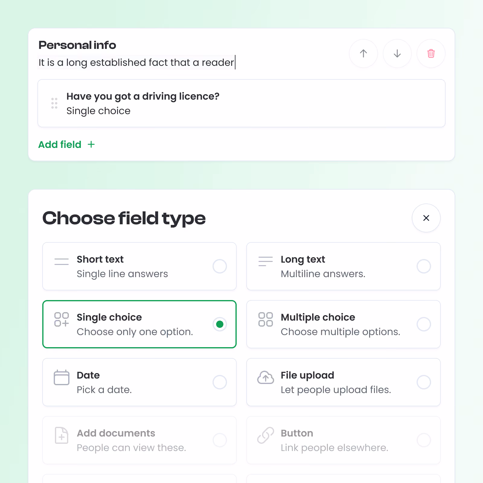 The form builder field card and the new field modal.