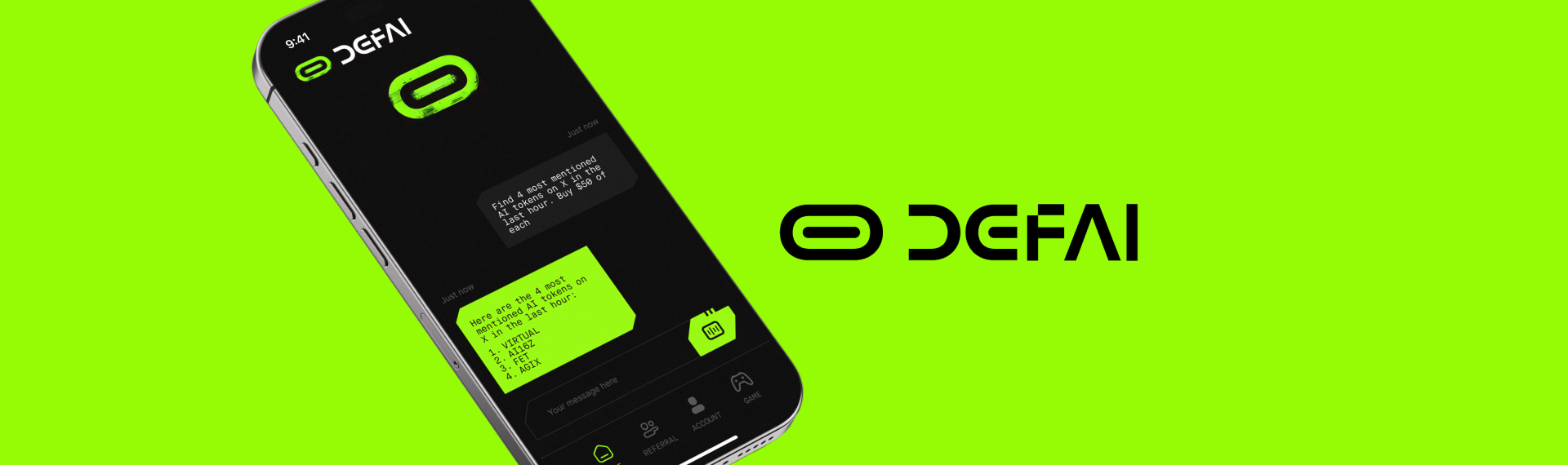 DeFAI banner showing the APP intro screen on an iphone