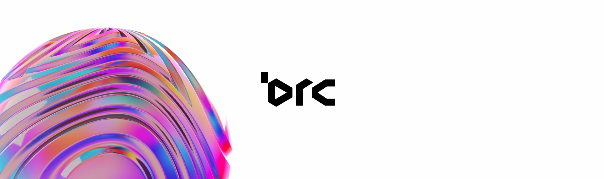 Abstract colorful layered ring pattern on left with black geometric 'brc' text on white background
