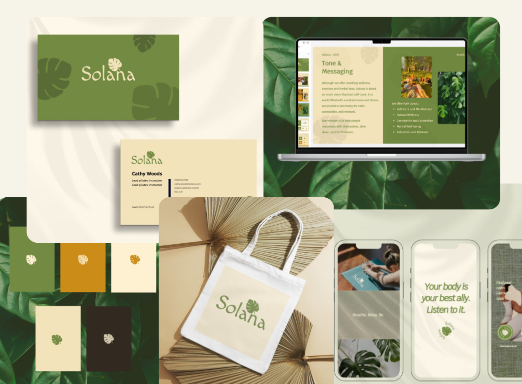 Natural wellness centre brand identity design, web design, social posts