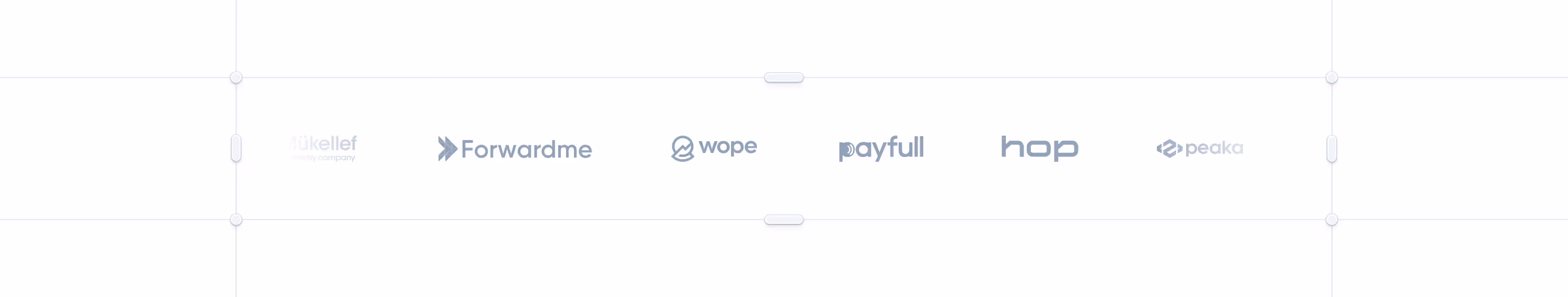 Row of six company logos: Tükellef, Forwardme, Wope, Payfull, Hop, and Peaka in grayscale on white background.