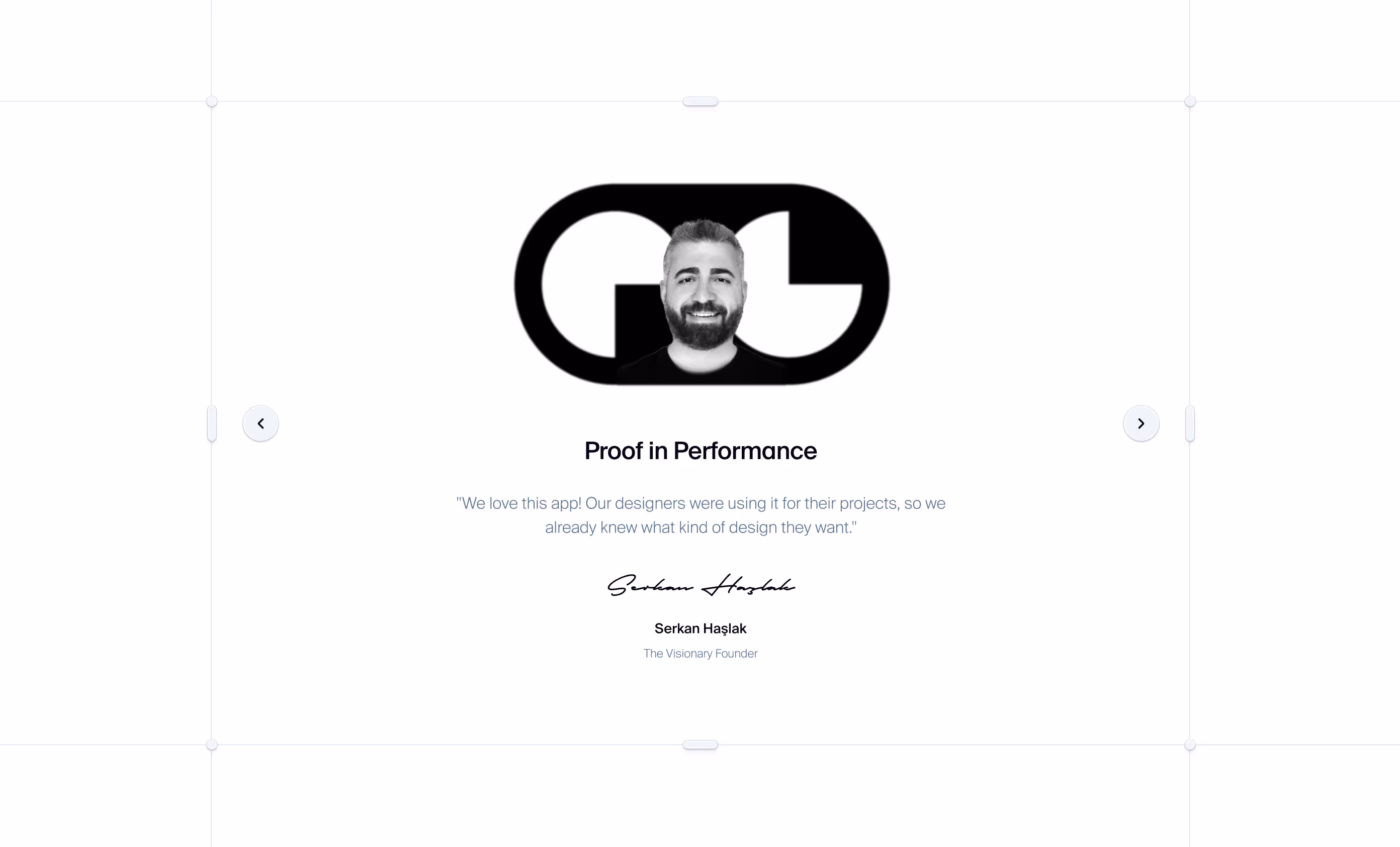 Portrait of a smiling man with a beard inside a black G1 symbol, with testimonial text below from Serkan Haslak, The Visionary Founder.