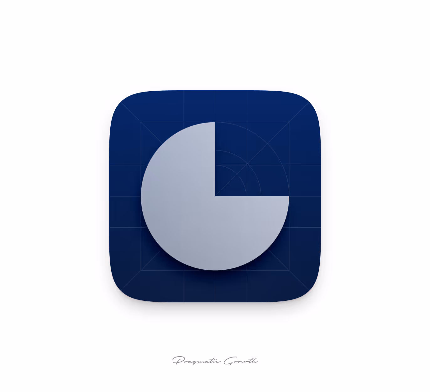 3D pie chart icon with a quarter segment missing, set on a dark blue rounded square background with grid lines.