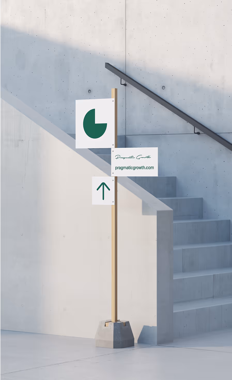 Concrete stairs beside a signpost with Pragmatic Growth logo, website URL pragmaticgrowth.com, and an upward arrow symbol.