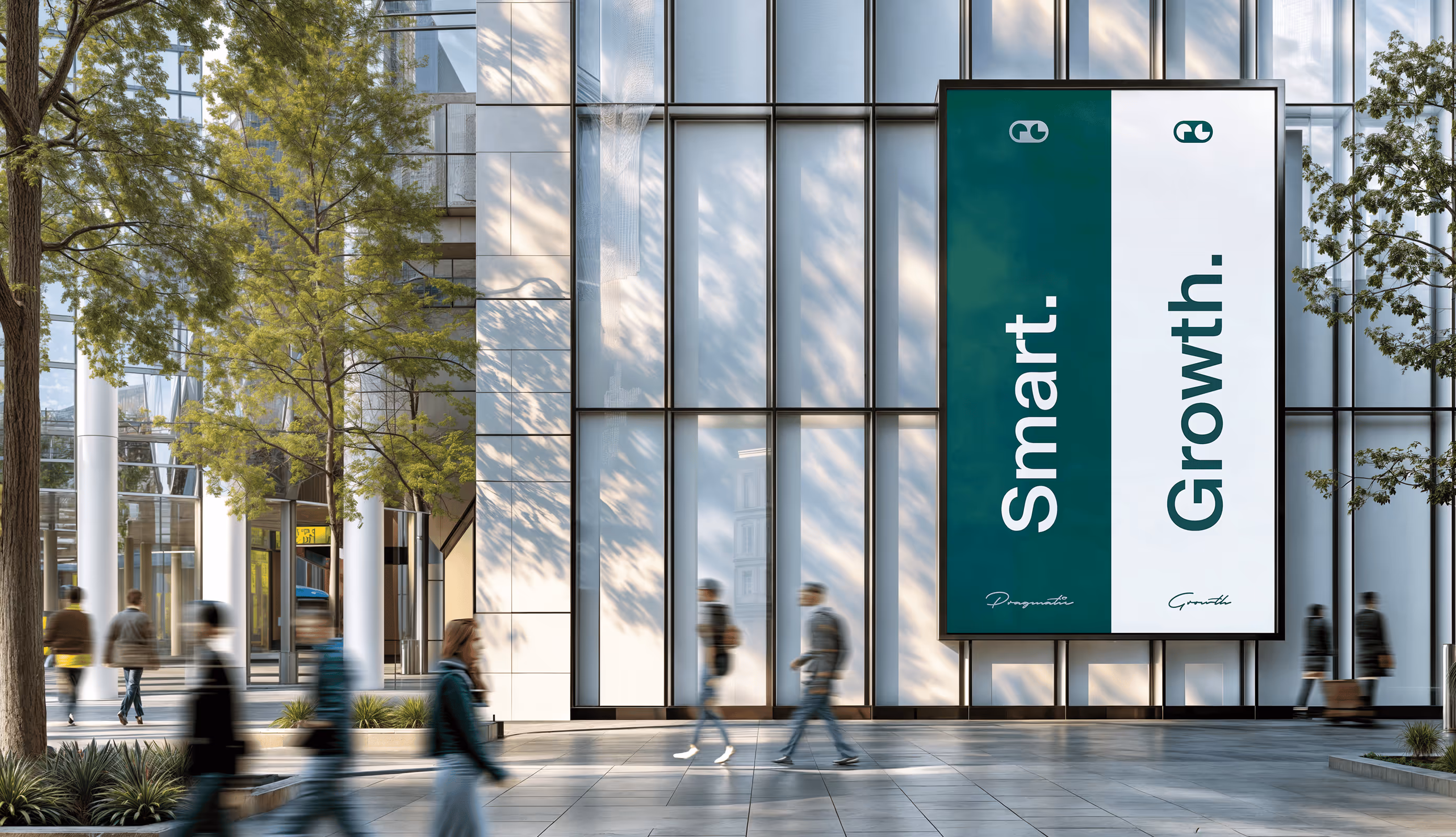 Modern urban plaza with people walking past a large sign on a glass building that reads 'Smart. Growth.'