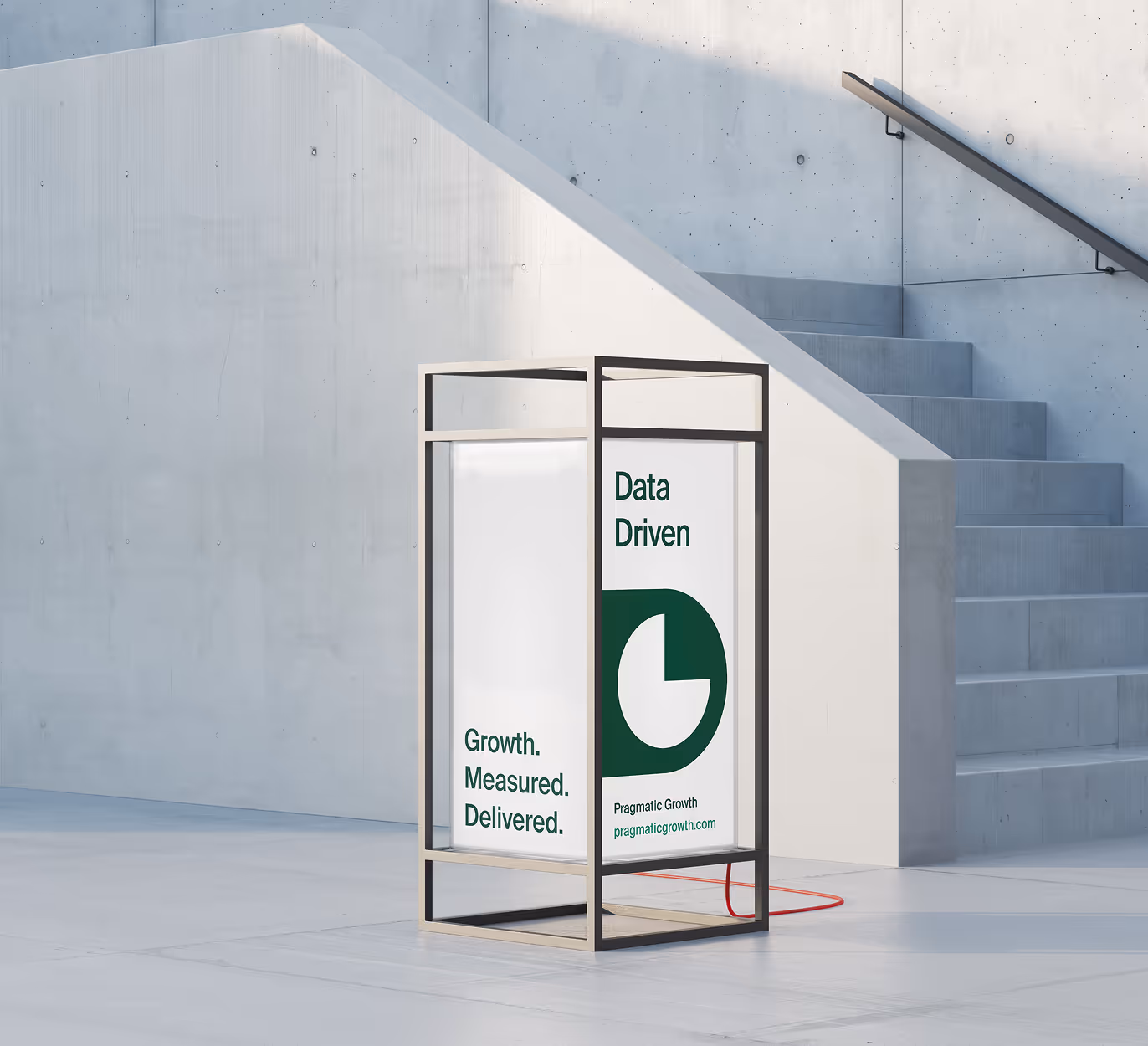 Modern rectangular lightbox with the text 'Data Driven', 'Growth. Measured. Delivered.' and a green circular graphic, placed near concrete stairs.