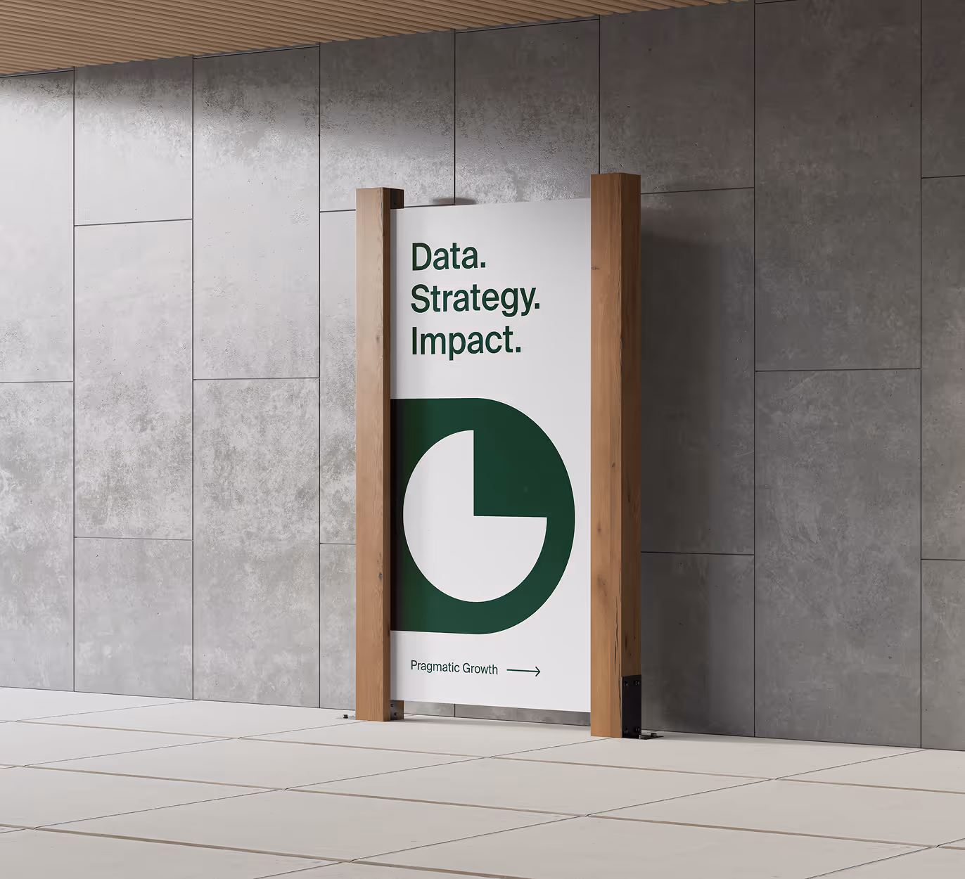 White signboard between two wooden posts with text 'Data. Strategy. Impact.' and a green pie chart symbol, set against a gray tiled wall and floor.