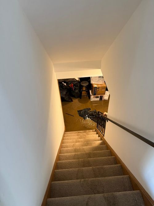 Before — flooded basement stairwell in Pepper Pike, OH — Manzil