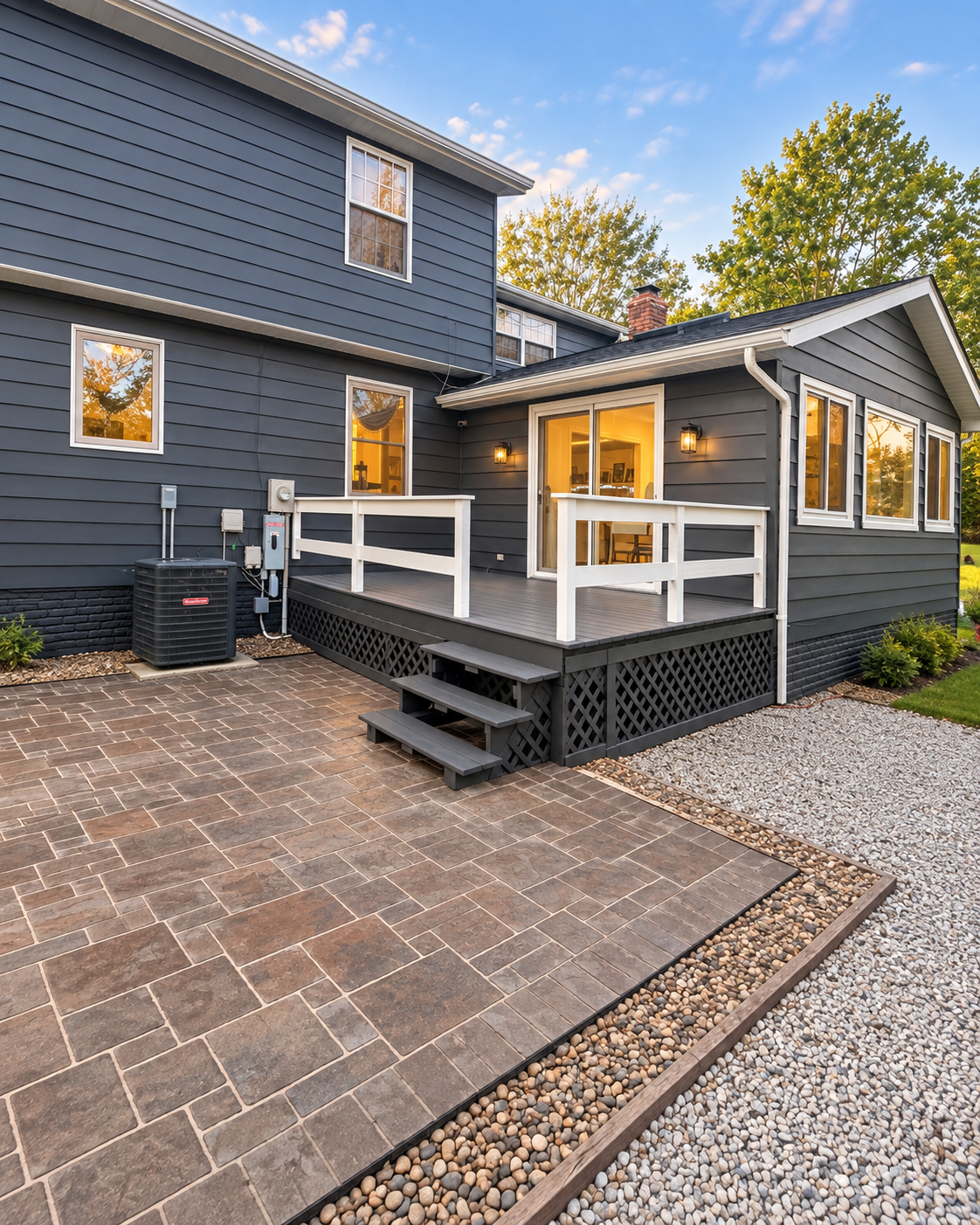 Rear addition mid-repaint, showing the transition from beige to charcoal siding above a black-painted brick foundation