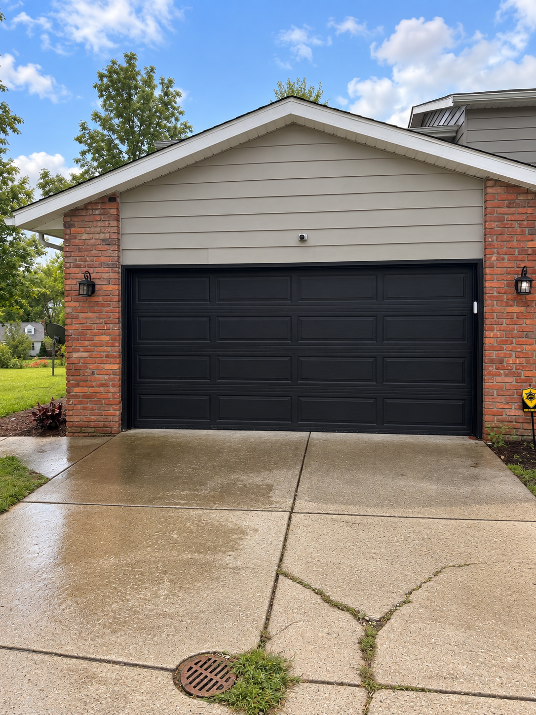 Front of the home garage, with beige siding, black shutters,