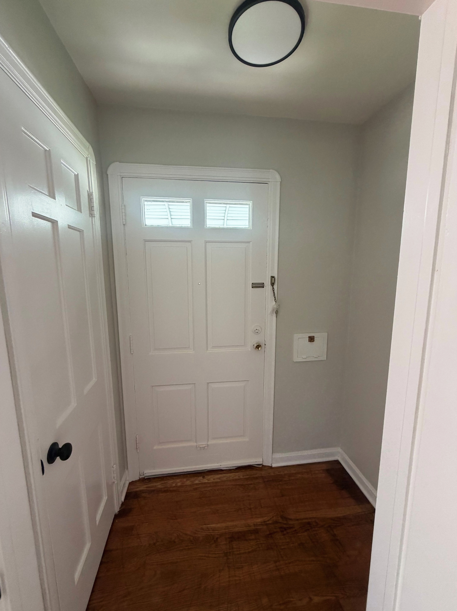 New white door with window and matte black hardware, Wayland Ave Cleveland renovation