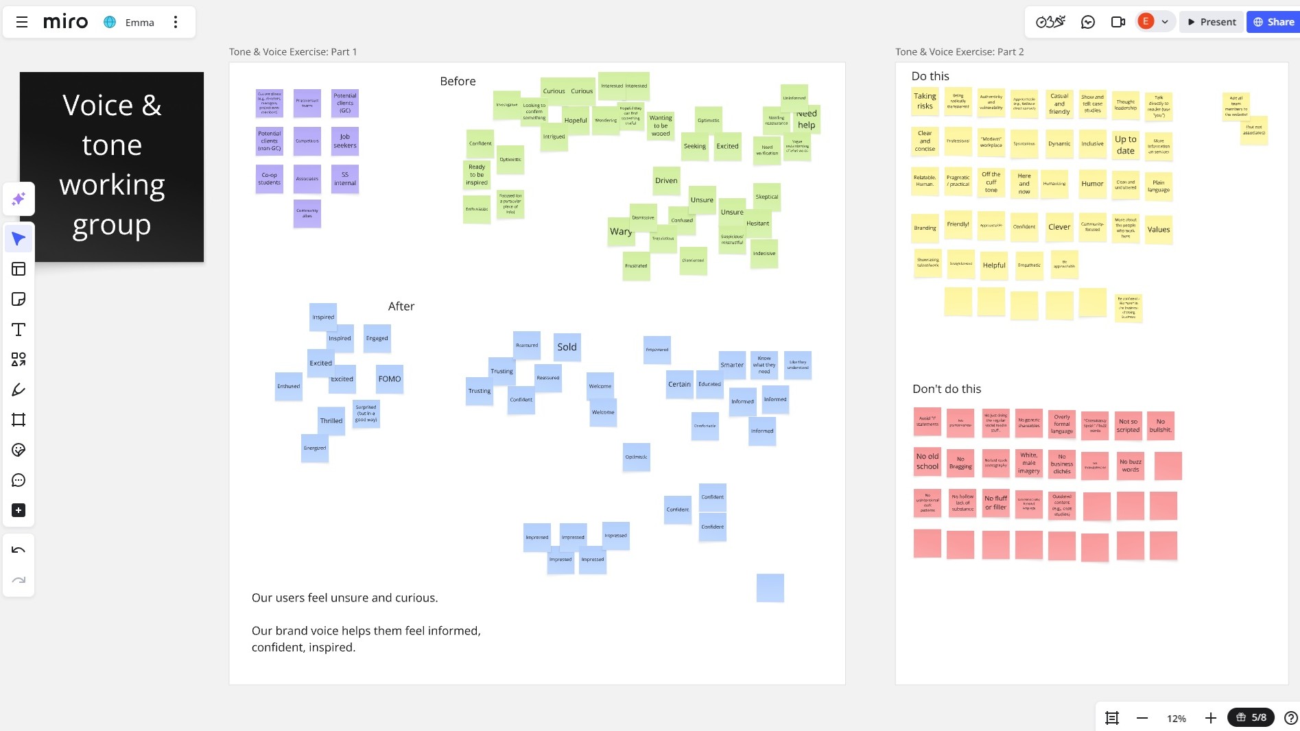 Screenshot of a Miro board with many colorful sticky notes. 