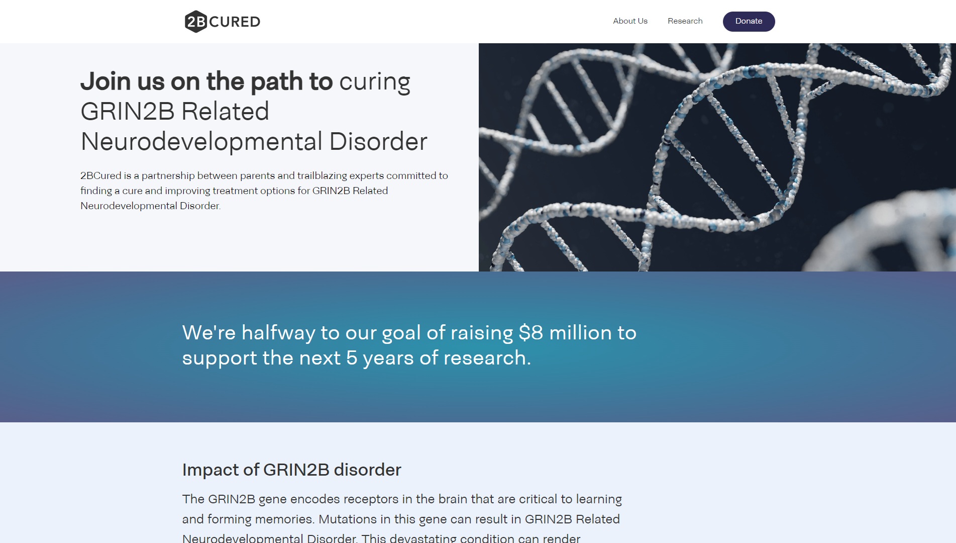 Landing page of the 2BCured charity website.