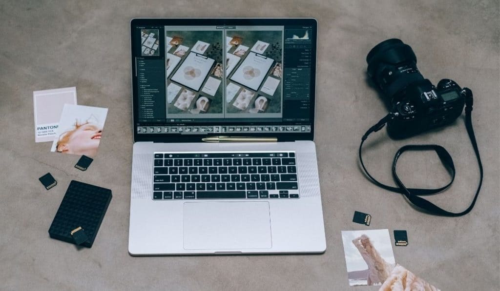 A person editing a photo on a laptop, demonstrating how to create and sell presets.