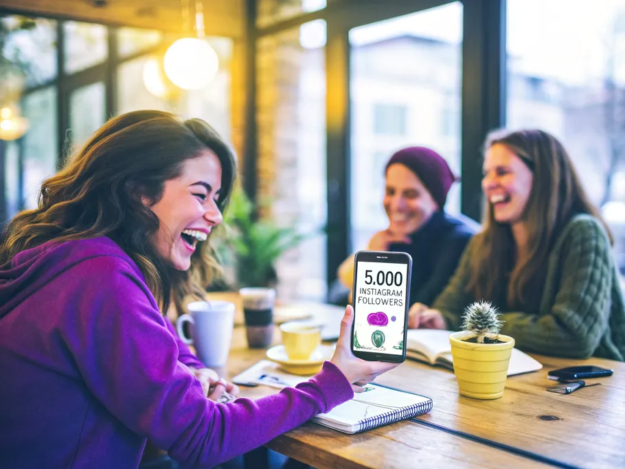A young woman laughing in a coffee shop while showing her phone displaying 5,000 Instagram followers to friends.