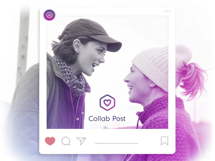 Two distinct Instagram profile avatars merging into a cohesive unit in a simplified Instagram post frame, highlighting collaboration.