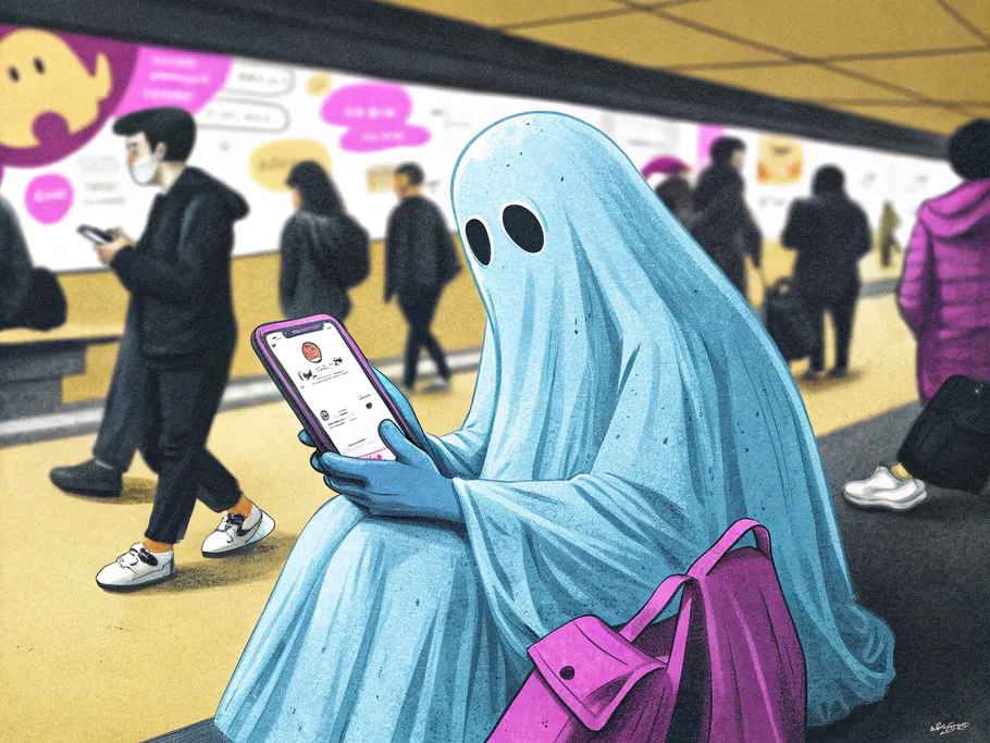 A translucent blue ghost figure holding a smartphone, with a generic Instagram feed displayed on the screen, symbolizing detached social media engagement.