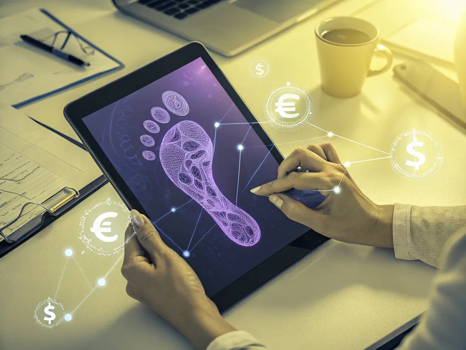 Hands holding a tablet displaying an abstract foot image, symbolizing digital entrepreneurship in selling feet pictures.