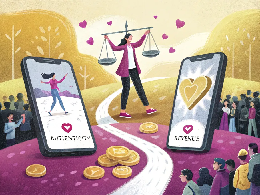 An influencer at a crossroads of smartphone screens, balancing authenticity and revenue, surrounded by diverse followers.