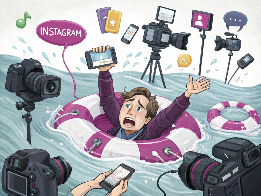 A content creator overwhelmed by an ocean of camera equipment and smartphones, struggling to stay afloat while reaching for devices.