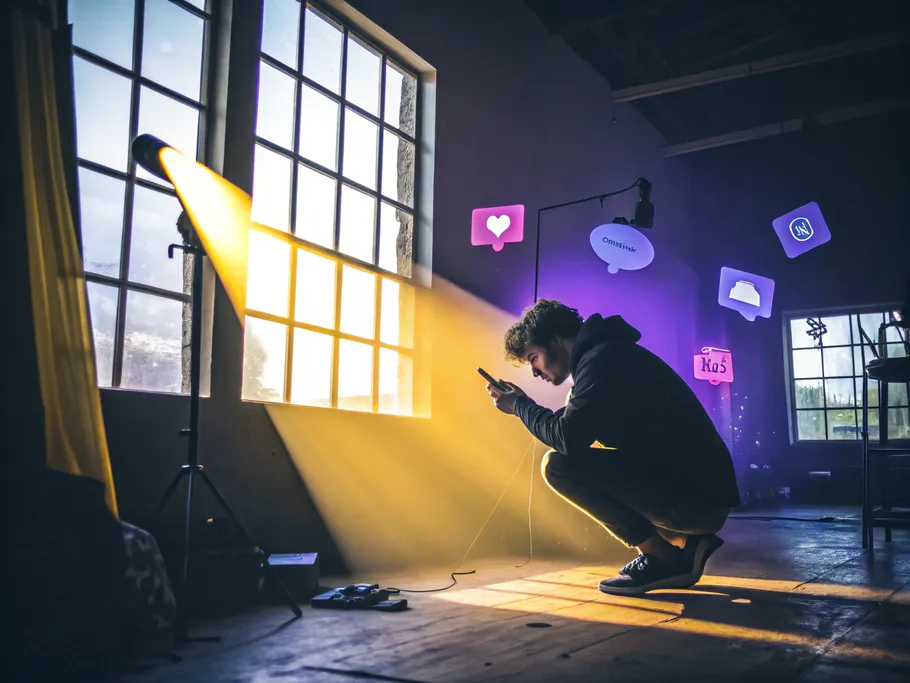 A young photographer crouched by a window, holding a phone in the golden sunlight with shadows of photography equipment around.