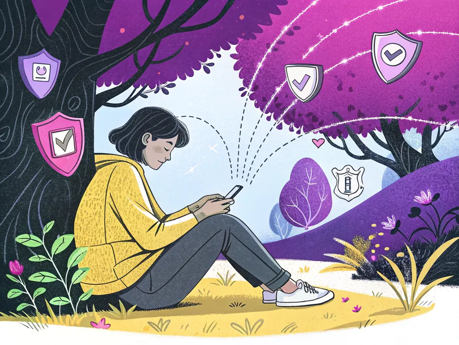 A person sitting cross-legged in a digital garden, surrounded by privacy shields and flowing connections, symbolizing peace in the digital age.