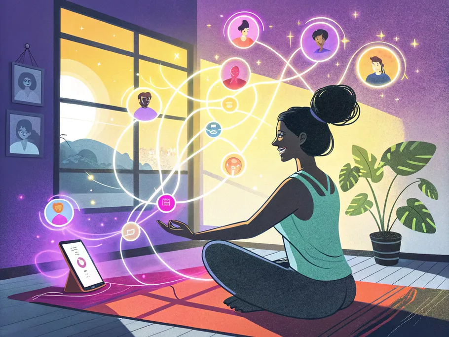 A yoga instructor meditating in a sunlit studio, surrounded by glowing connections to avatars from a smartphone, symbolizing online community.