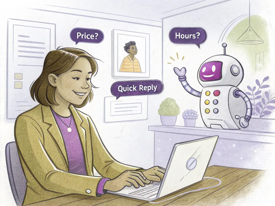 A calm business person using a laptop while a friendly robot assistant activates quick replies for Instagram messages.