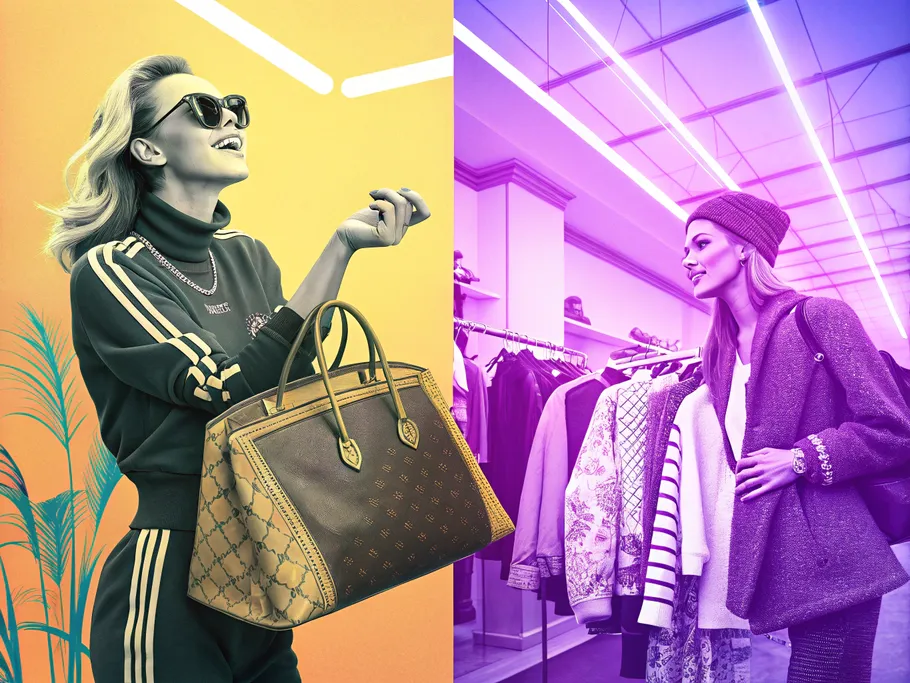 A split image contrasting influencer fashion and vintage clothing shopping.