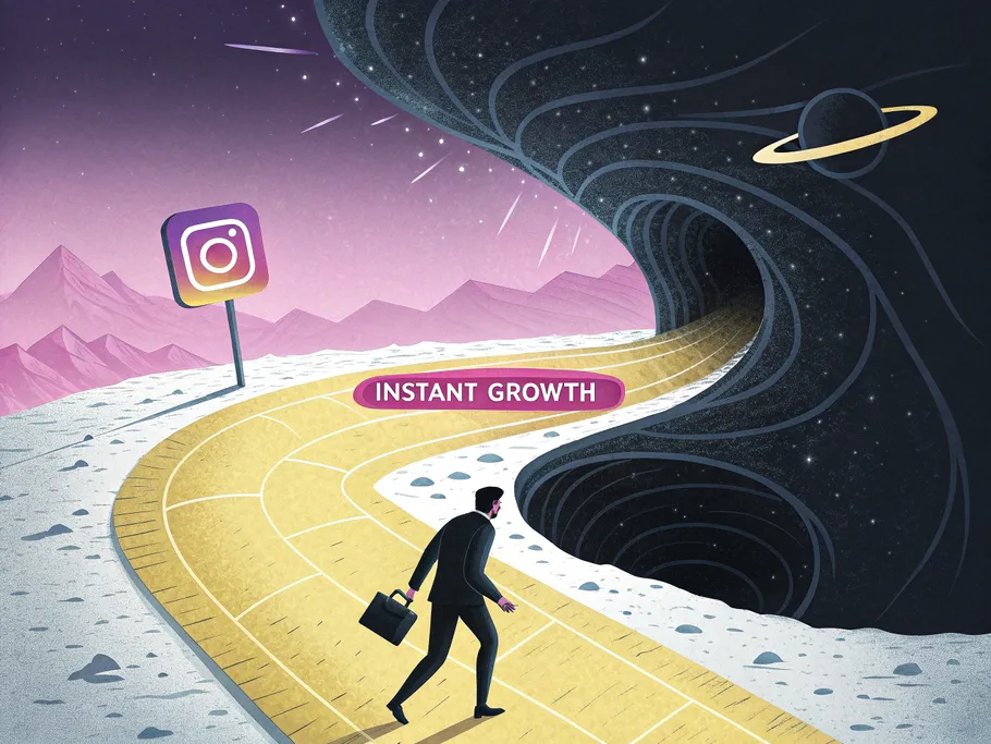 A winding path labeled 'INSTANT GROWTH' leading to a dark vortex, symbolizing the risks of quick social media growth.