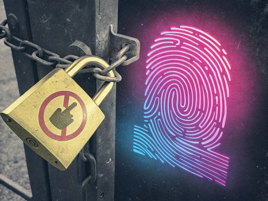 Digital fingerprint being rejected by a locked gate, symbolizing an Instagram IP ban.